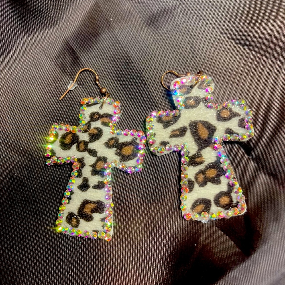 Faux fur leather print cross earrings